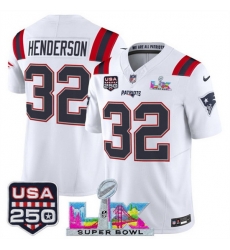 Youth New England Patriots 32 TreVeyon Henderson White 2025 F U S E  Super Bowl LX  USA 250 Patch Vapor Limited Stitched Football Jersey