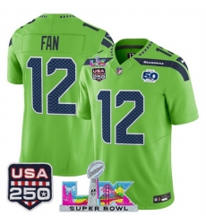 Men Seattle Seahawks 12 Fan Green 2025 F U S E  Super Bowl LX Patch And 50th Season  USA 250 Patch Vapor Limited Football Stitched Jersey