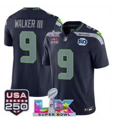 Men Seattle Seahawks 9 Kenneth Walker III Navy 2025 F U S E  Super Bowl LX Patch And 50th Season  USA 250 Patch Vapor Limited Football Stitched Jersey