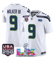 Men Seattle Seahawks 9 Kenneth Walker III White 2025 F U S E Super Bowl LX Patch And 50th Season USA 250 Patch Vapor Limited Football Stitched Jersey Men Seattle Seahawks 9 Kenneth Walker III White 2025 F U S E Super Bowl LX Patch And 50th Season USA 250 Patch Vapor Limited Football Stitched Jersey