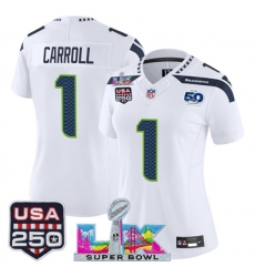 Women Seattle Seahawks 1 Pete Carroll White 2025 F U S E  Super Bowl LX Patch And 50th Season  26 USA 250 27 Patch Vapor Limited Football Stitched Jersey 