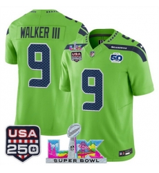 Youth Seattle Seahawks 9 Kenneth Walker III Green 2025 F U S E  Super Bowl LX Patch And 50th Season  USA 250 Patch Vapor Limited Stitched Football Jersey
