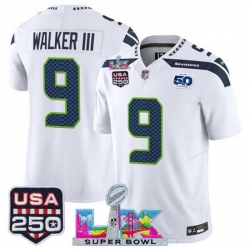 Youth Seattle Seahawks 9 Kenneth Walker III White 2025 F U S E  Super Bowl LX Patch And 50th Season  USA 250 Patch Vapor Limited Stitched Football Jersey