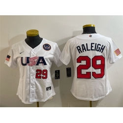 Women USA Baseball  29 Cal Raleigh White 2026 World Baseball Classic United States 250th Anniversary Patch Stadium Stitched Baseball Jersey Run Small 