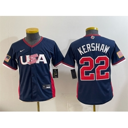 Youth USA Baseball  22 Clayton Kershaw Navy 2026 World Baseball Classic Stadium Stitched Baseball Jersey